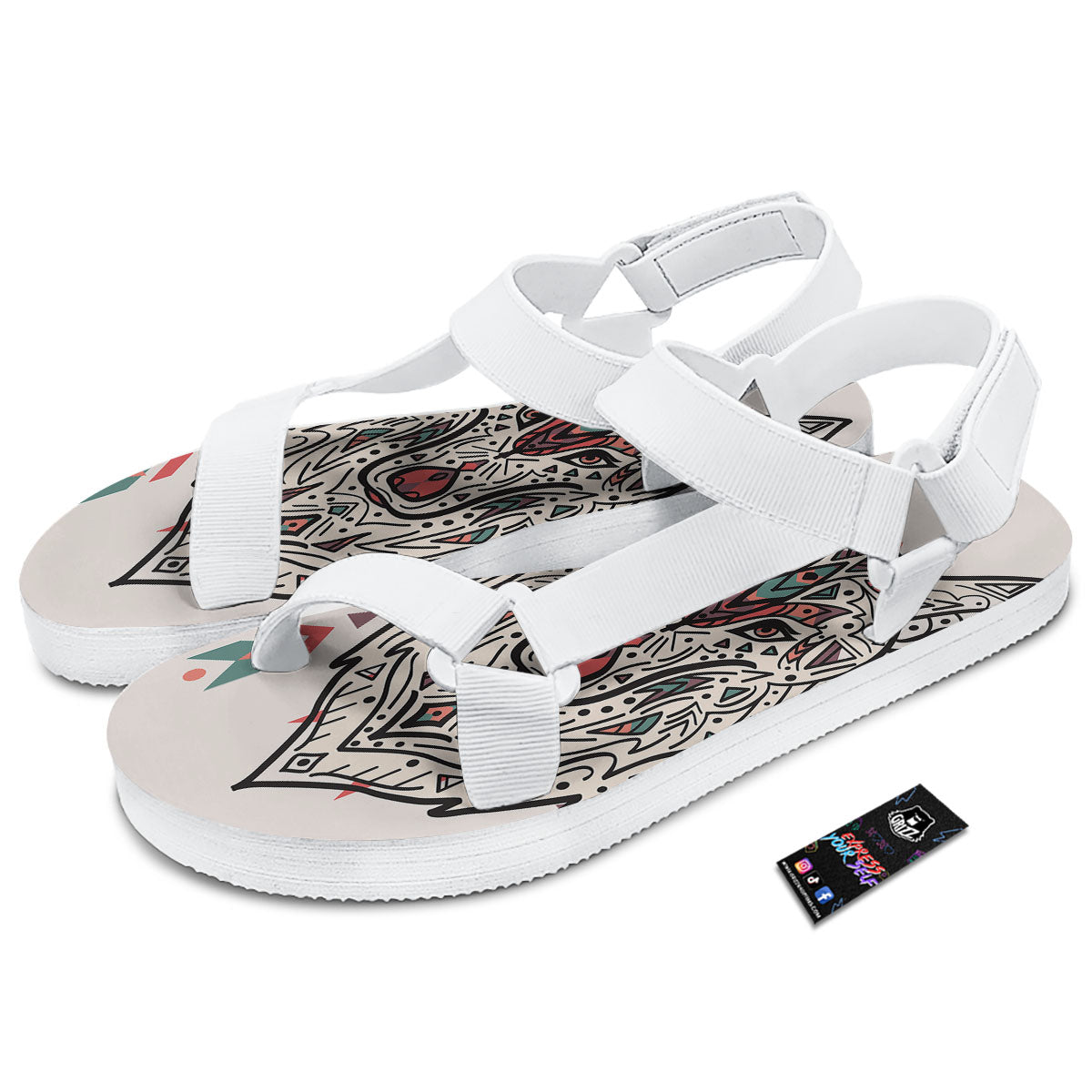 Spiritual Wolf Native American Print White Open Toe Sandals-grizzshop