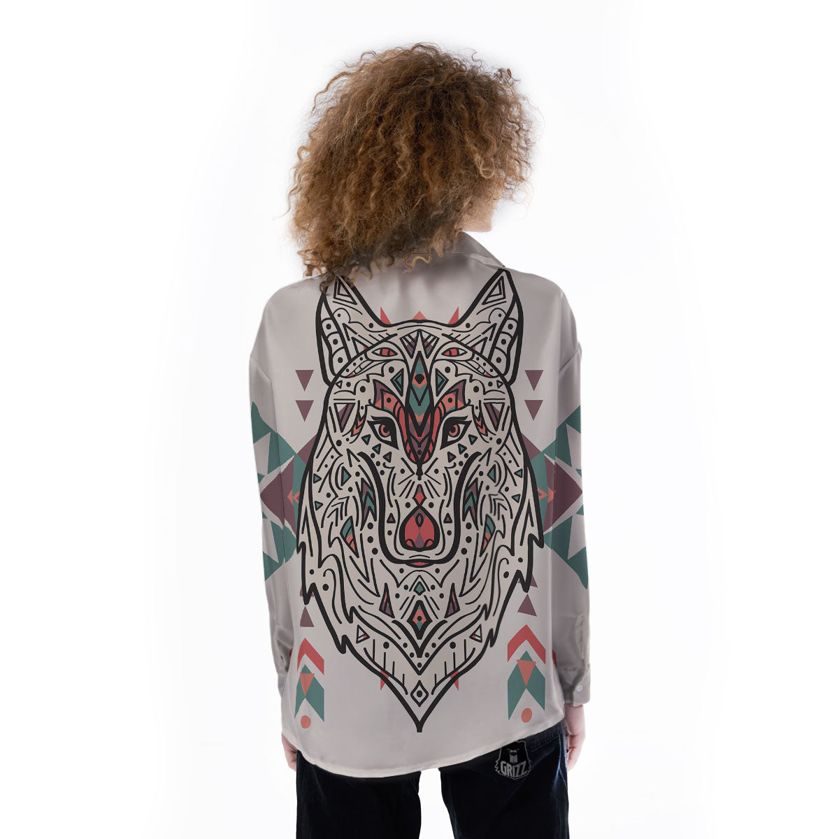 Spiritual Wolf Native American Print Women's Long Sleeve Shirts-grizzshop