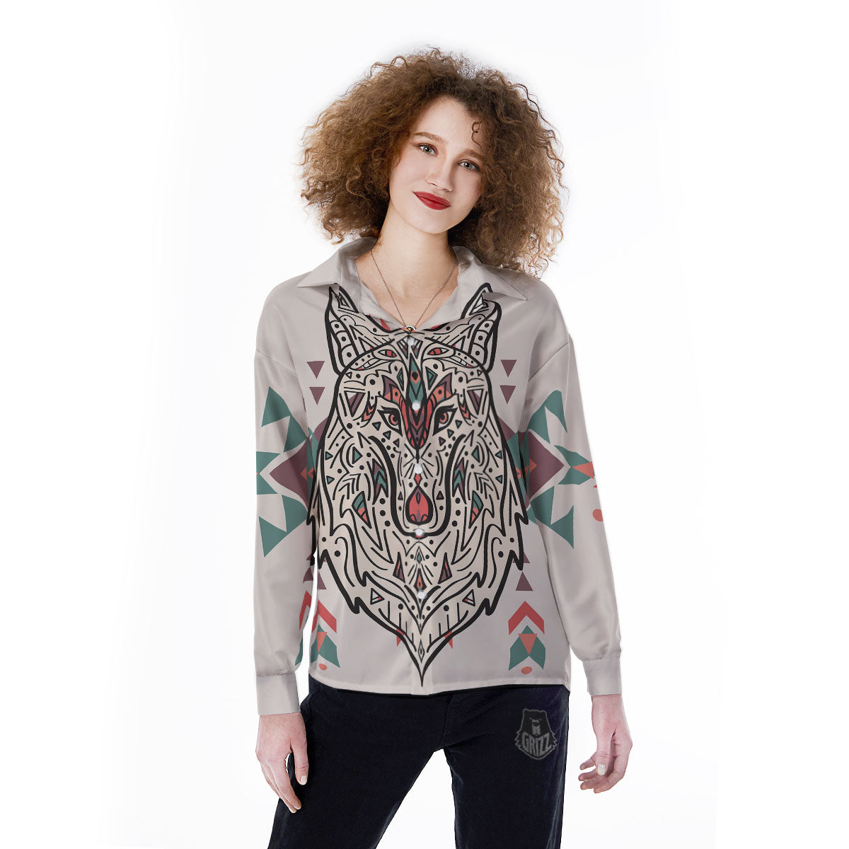 Spiritual Wolf Native American Print Women's Long Sleeve Shirts-grizzshop
