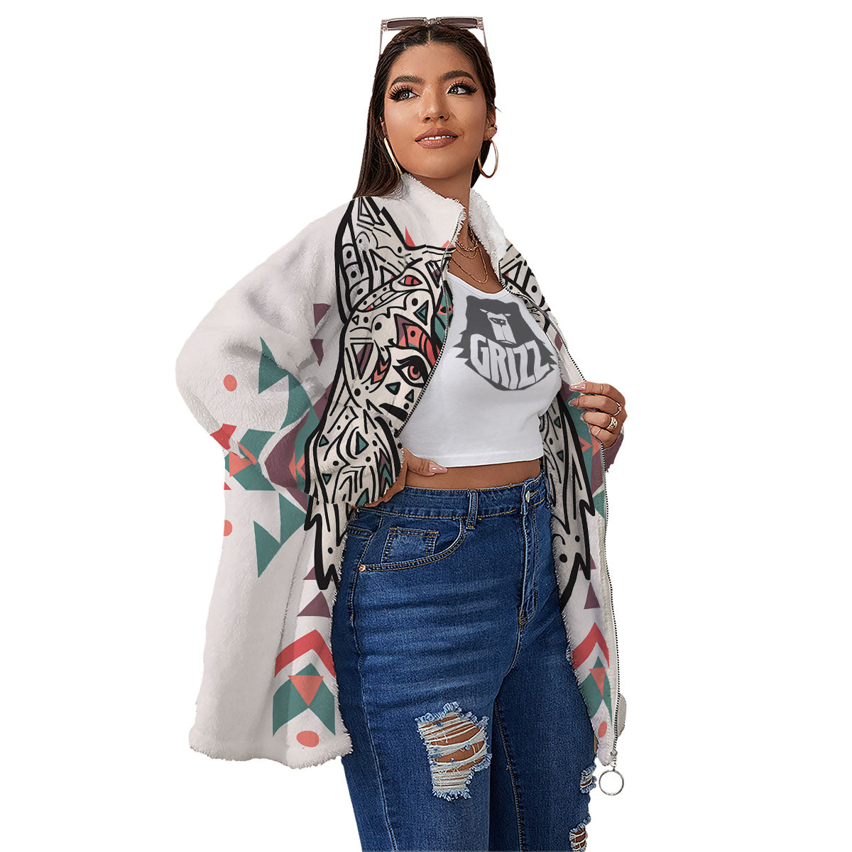 Spiritual Wolf Native American Print Women's Sherpa Jacket-grizzshop