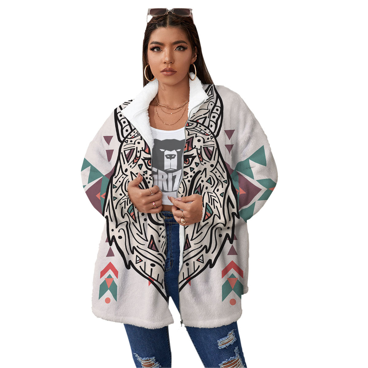 Spiritual Wolf Native American Print Women's Sherpa Jacket-grizzshop