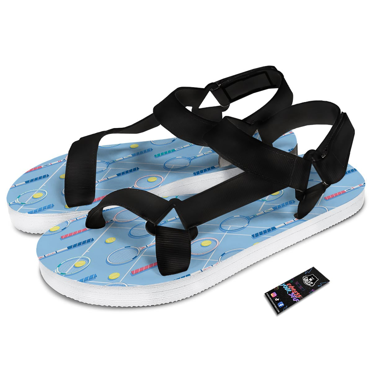 Sport Tennis Print Pattern Black Open Toe Sandals-grizzshop