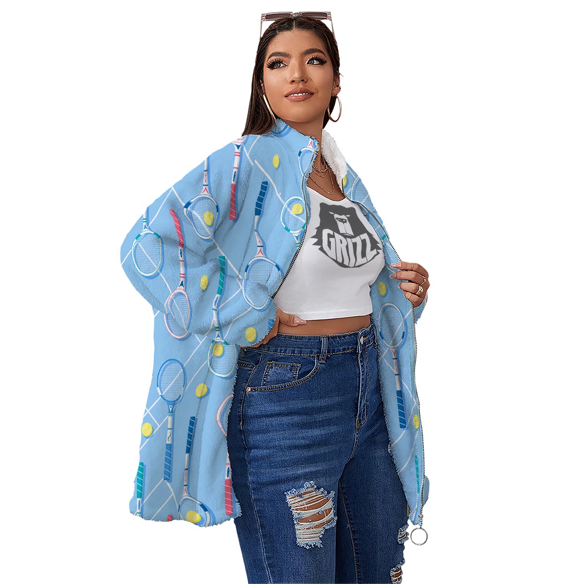 Sport Tennis Print Pattern Women's Sherpa Jacket-grizzshop