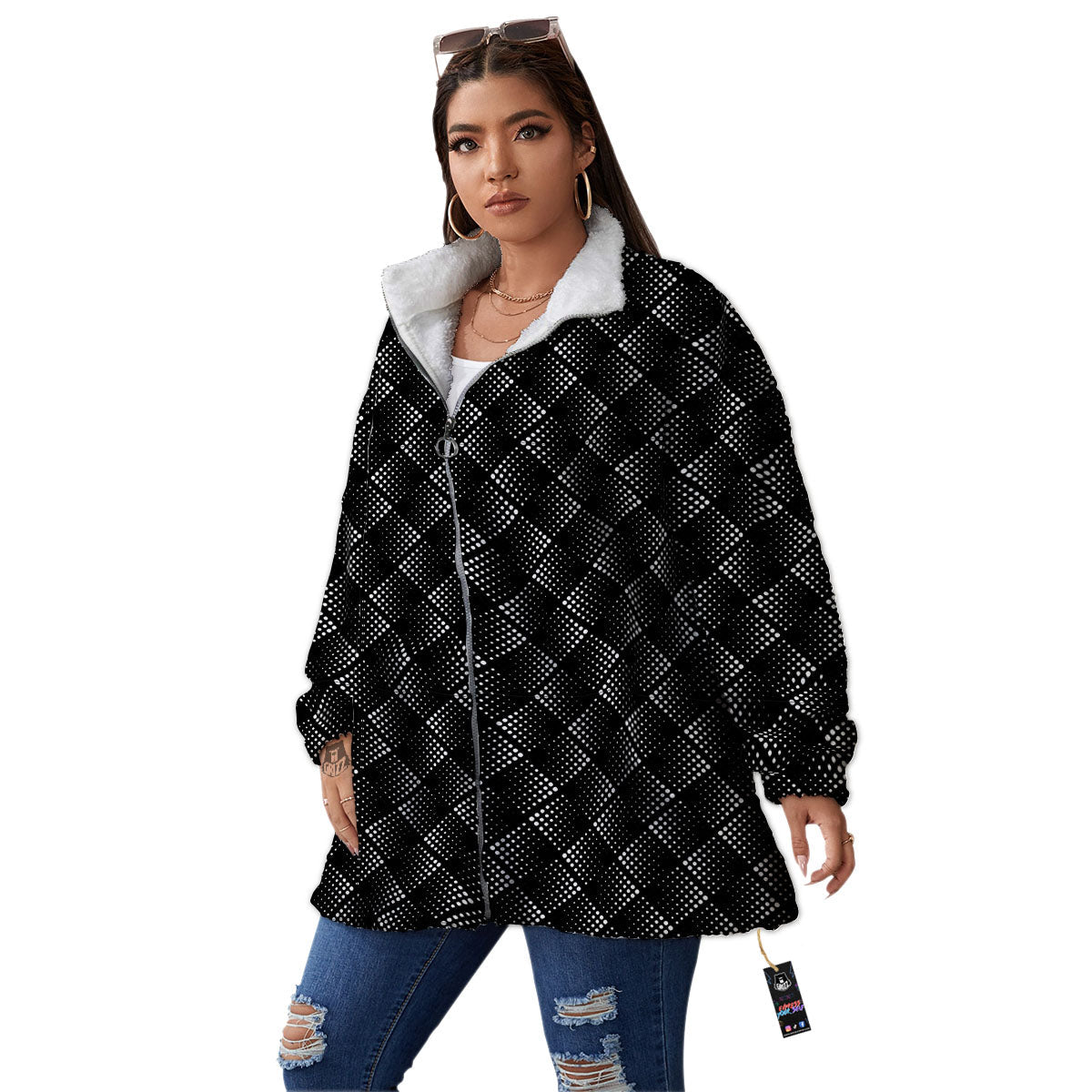 Square Dot Geometric Print Pattern Women's Sherpa Jacket-grizzshop