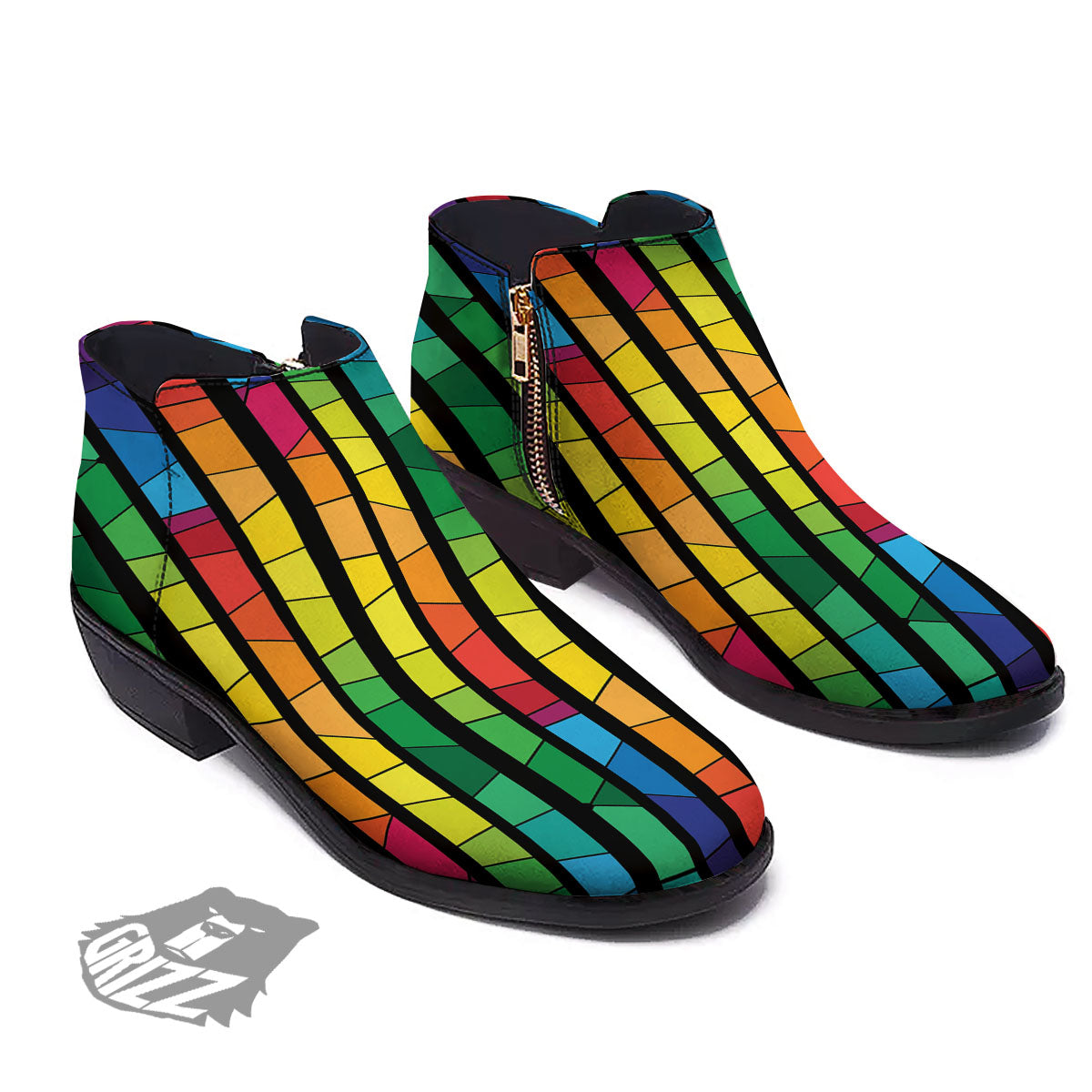 Square Stained Glass Mosaic Print Ankle Boots-grizzshop