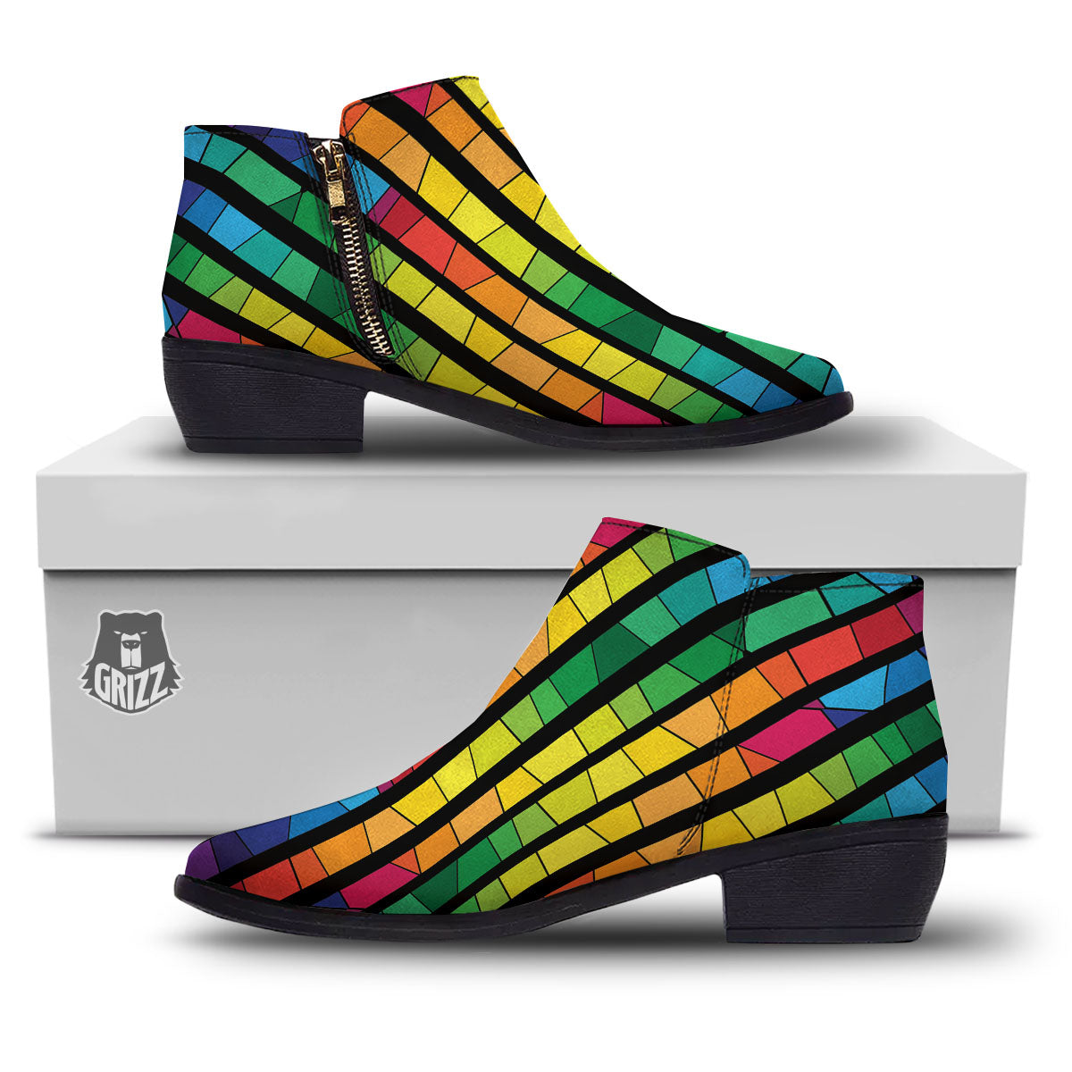 Square Stained Glass Mosaic Print Ankle Boots-grizzshop