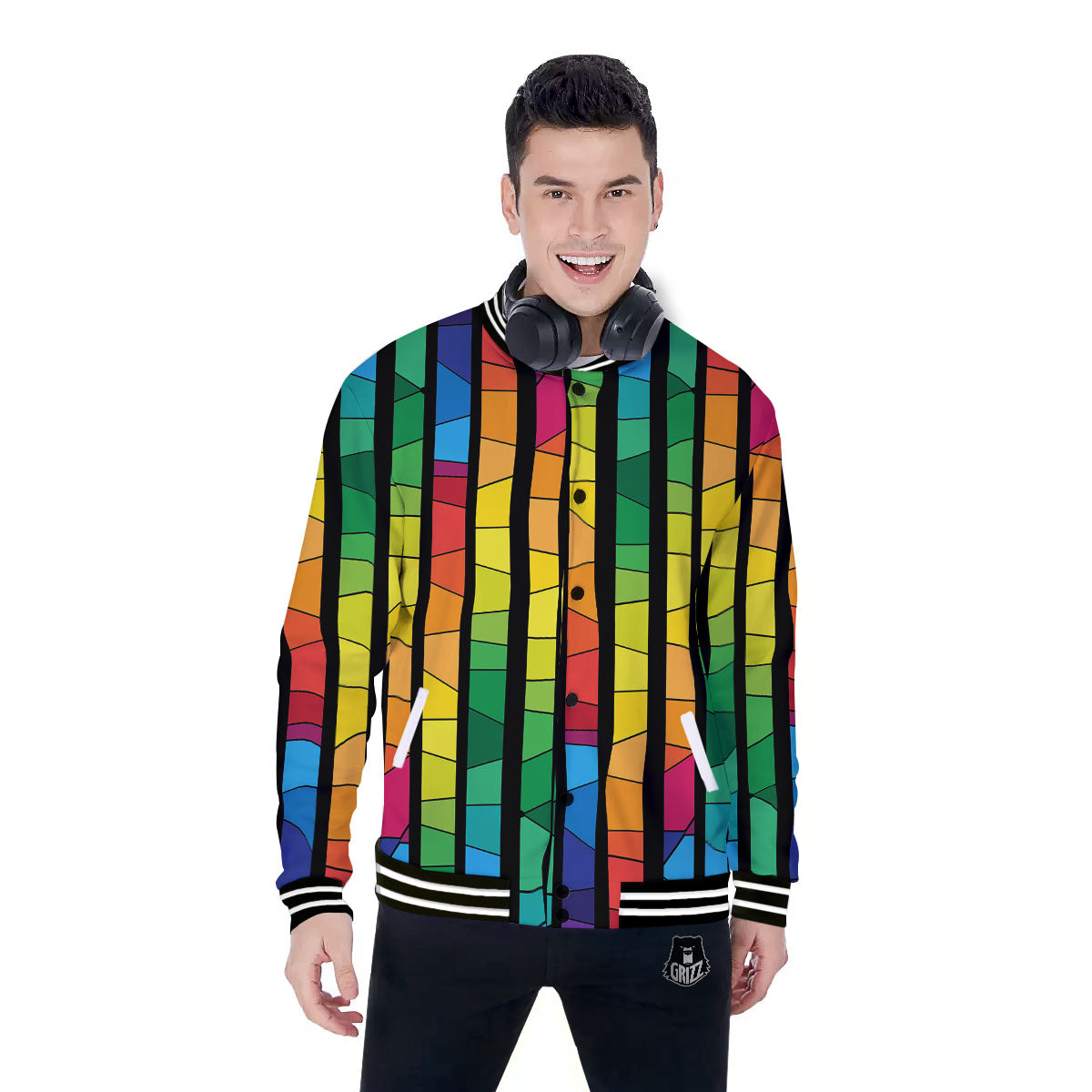 Square Stained Glass Mosaic Print Baseball Jacket-grizzshop