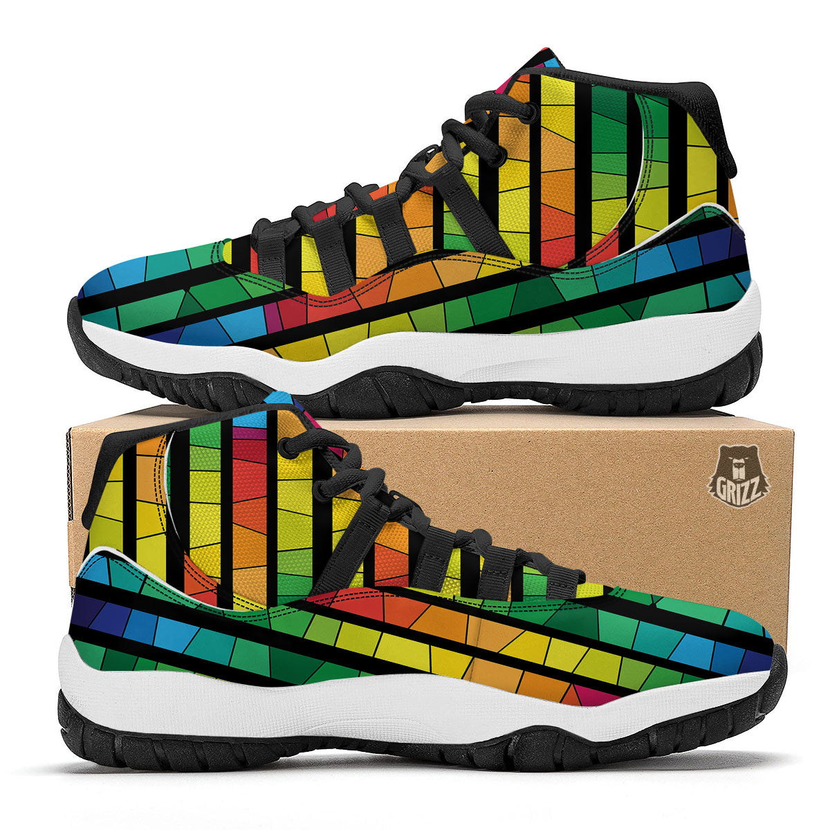 Square Stained Glass Mosaic Print Black Bball Shoes-grizzshop