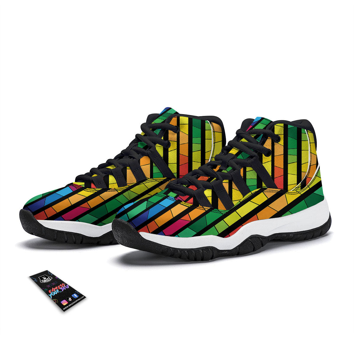 Square Stained Glass Mosaic Print Black Bball Shoes-grizzshop