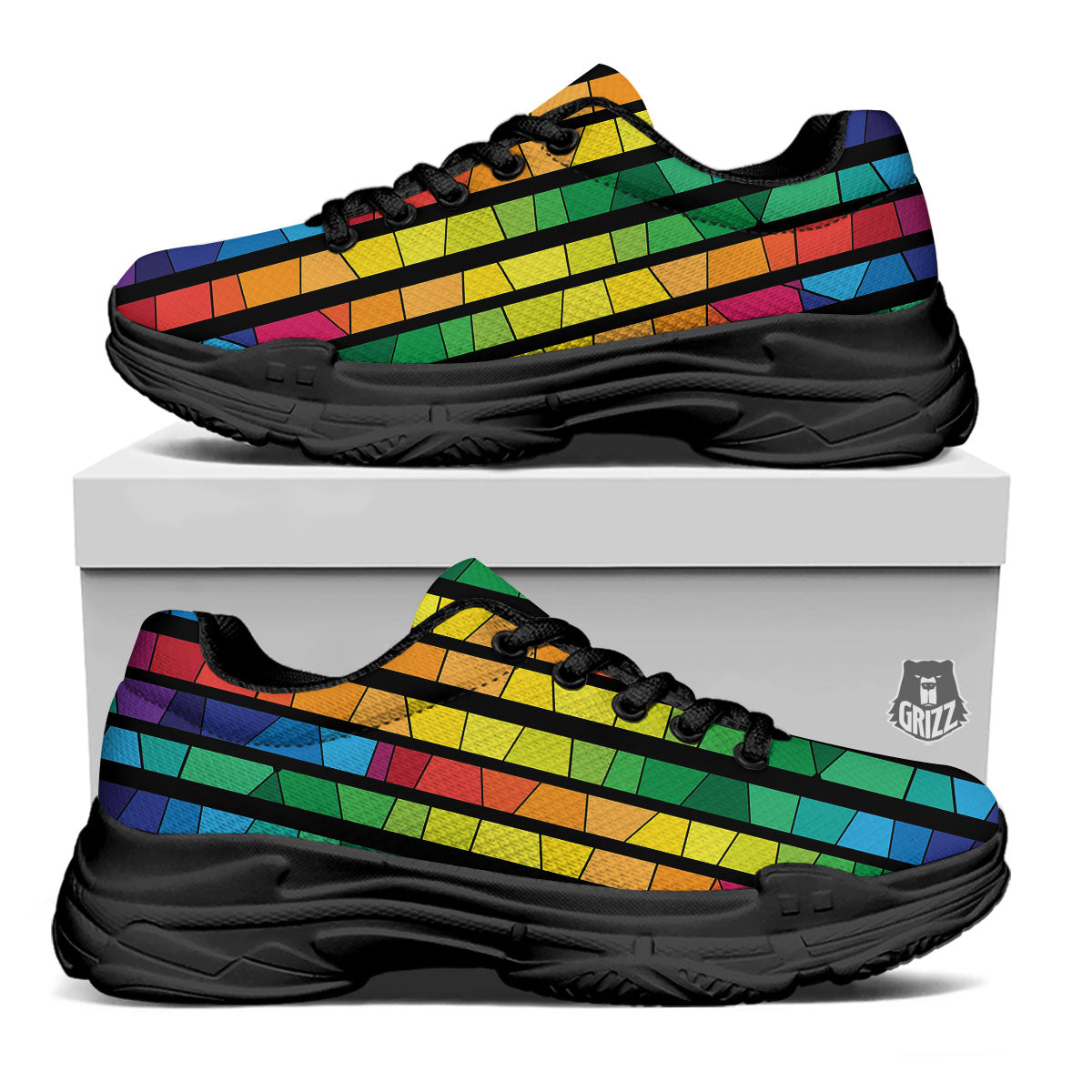 Square Stained Glass Mosaic Print Black Chunky Shoes-grizzshop