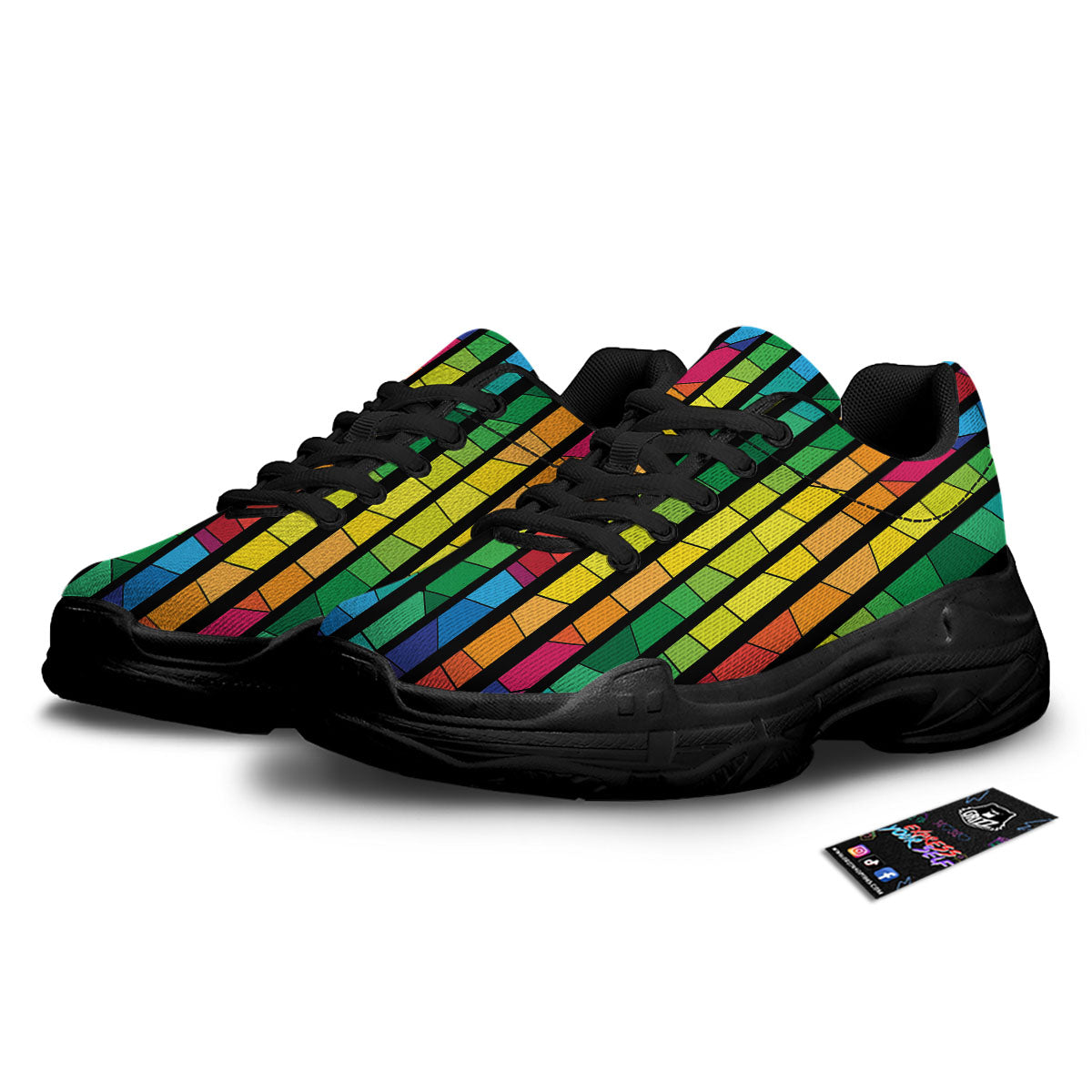 Square Stained Glass Mosaic Print Black Chunky Shoes-grizzshop