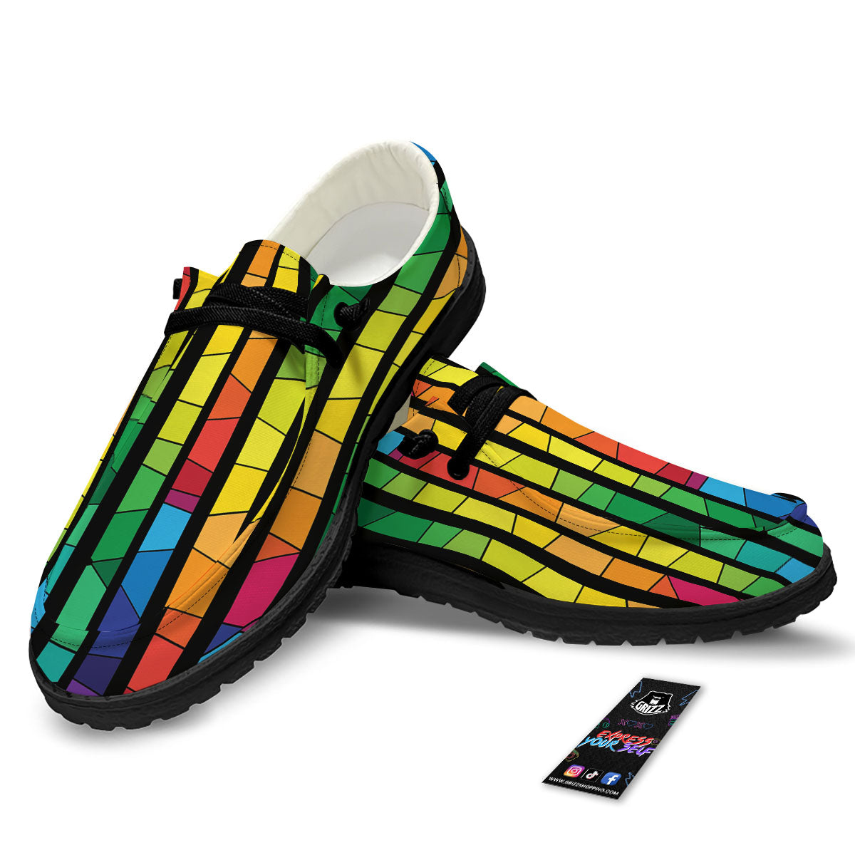 Square Stained Glass Mosaic Print Black Loafers-grizzshop