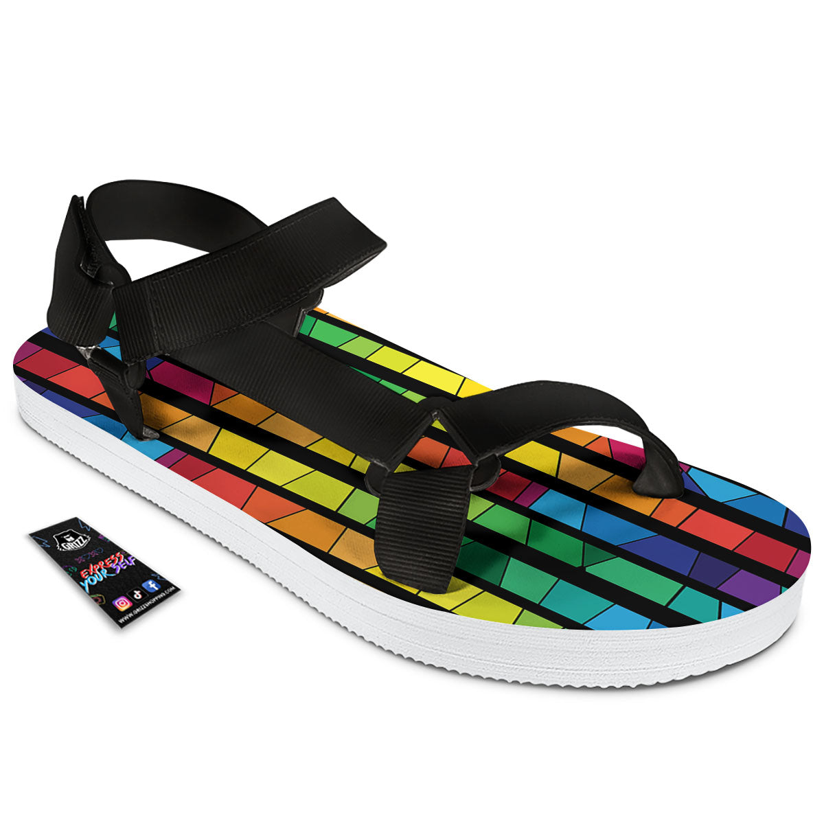 Square Stained Glass Mosaic Print Black Open Toe Sandals-grizzshop