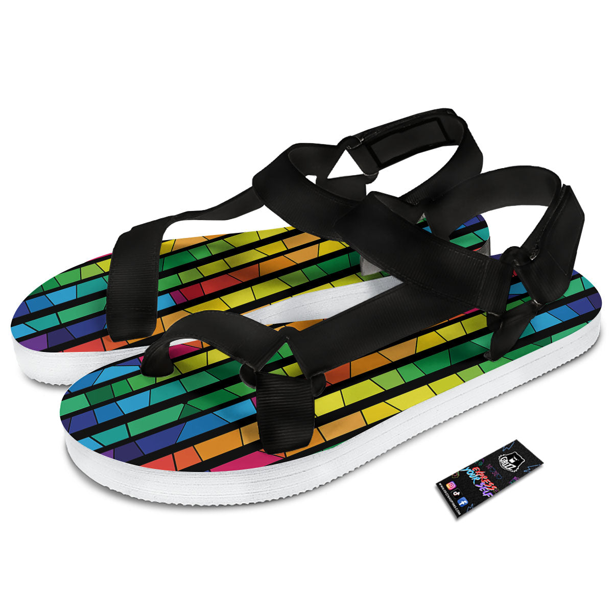 Square Stained Glass Mosaic Print Black Open Toe Sandals-grizzshop