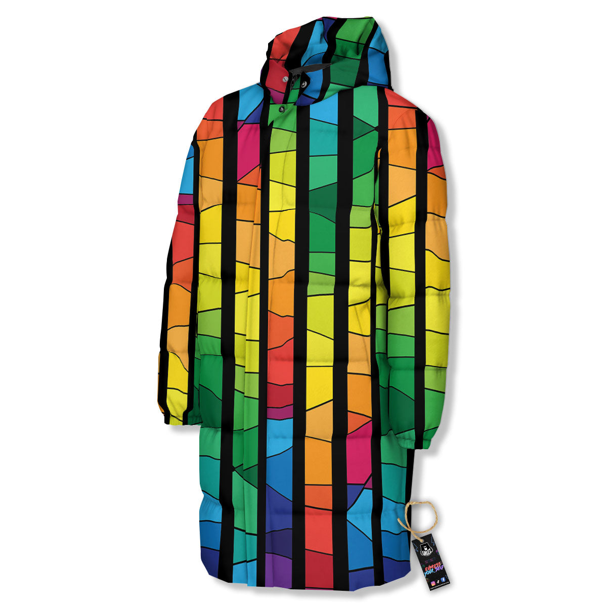 Square Stained Glass Mosaic Print Long Down Jacket-grizzshop