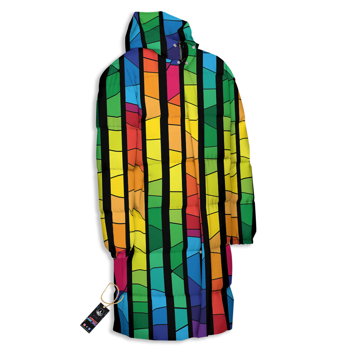 Square Stained Glass Mosaic Print Long Down Jacket-grizzshop