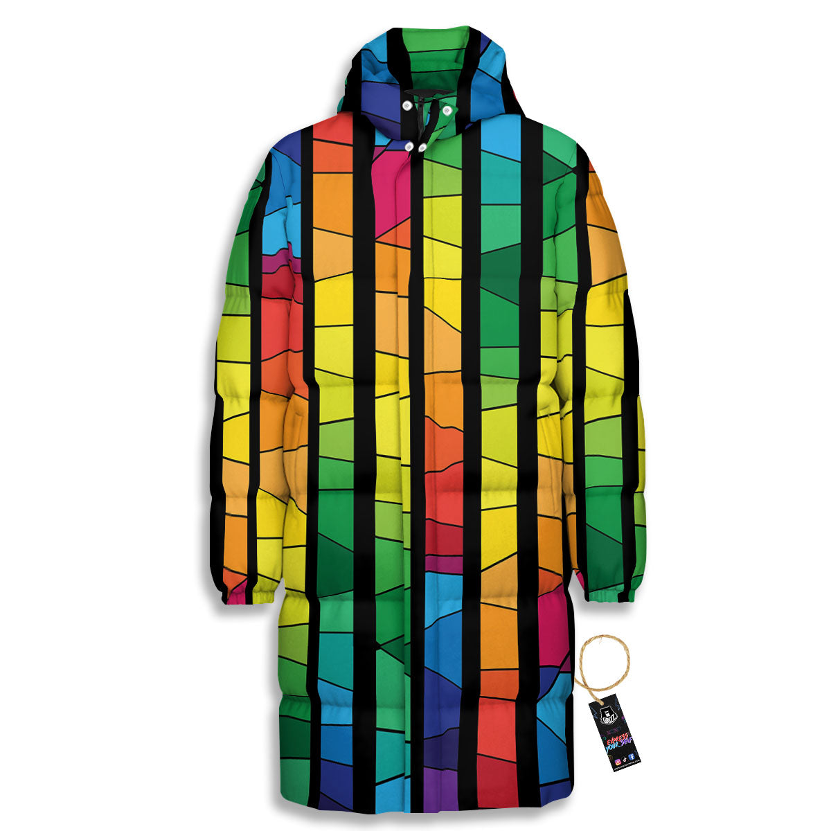 Square Stained Glass Mosaic Print Long Down Jacket-grizzshop