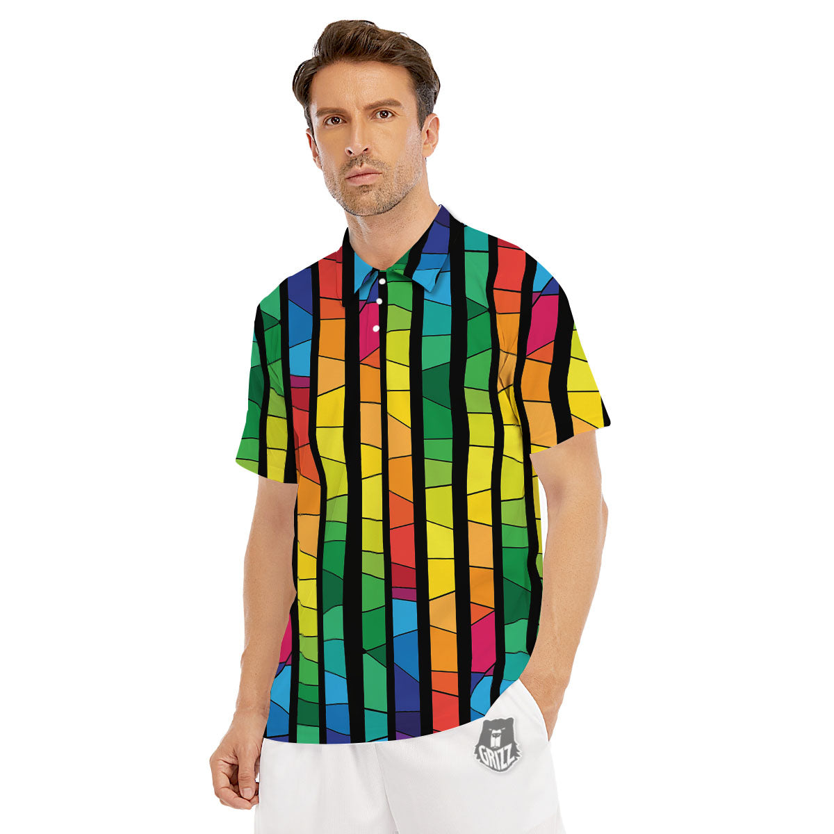Square Stained Glass Mosaic Print Men's Golf Shirts-grizzshop