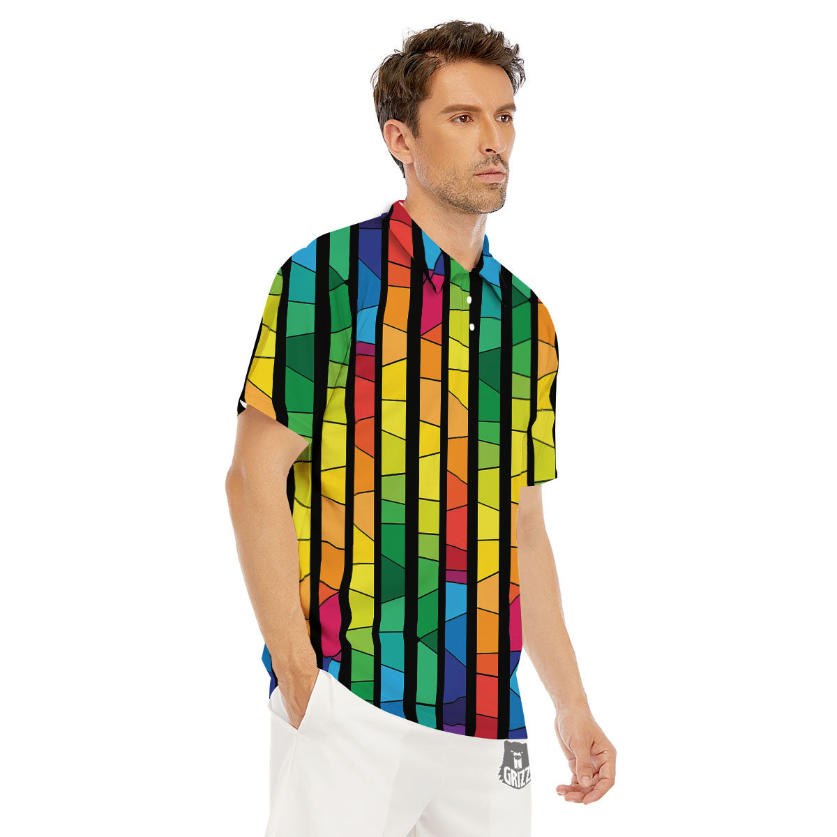 Square Stained Glass Mosaic Print Men's Golf Shirts-grizzshop