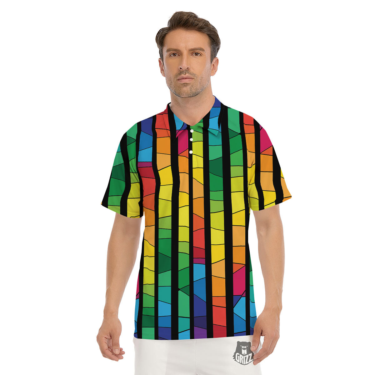 Square Stained Glass Mosaic Print Men's Golf Shirts-grizzshop