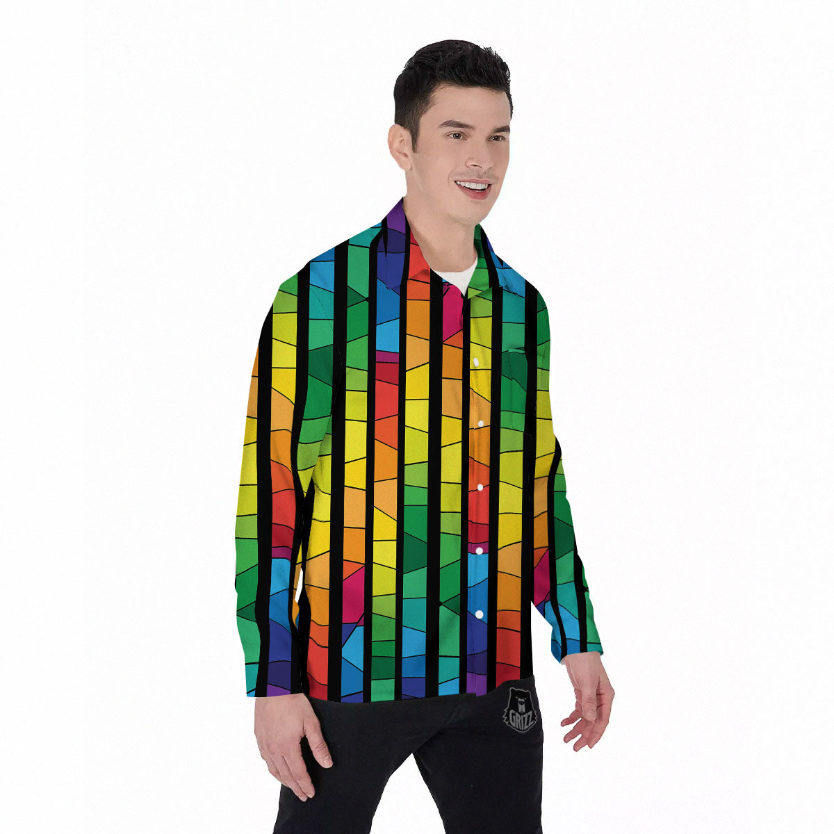 Square Stained Glass Mosaic Print Men's Long Sleeve Shirts-grizzshop