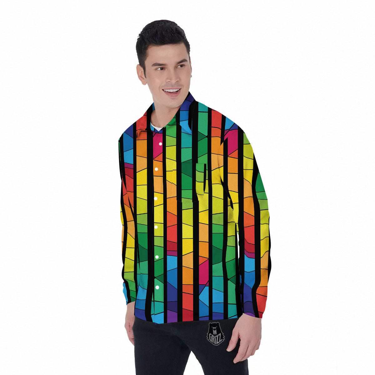 Square Stained Glass Mosaic Print Men's Long Sleeve Shirts-grizzshop