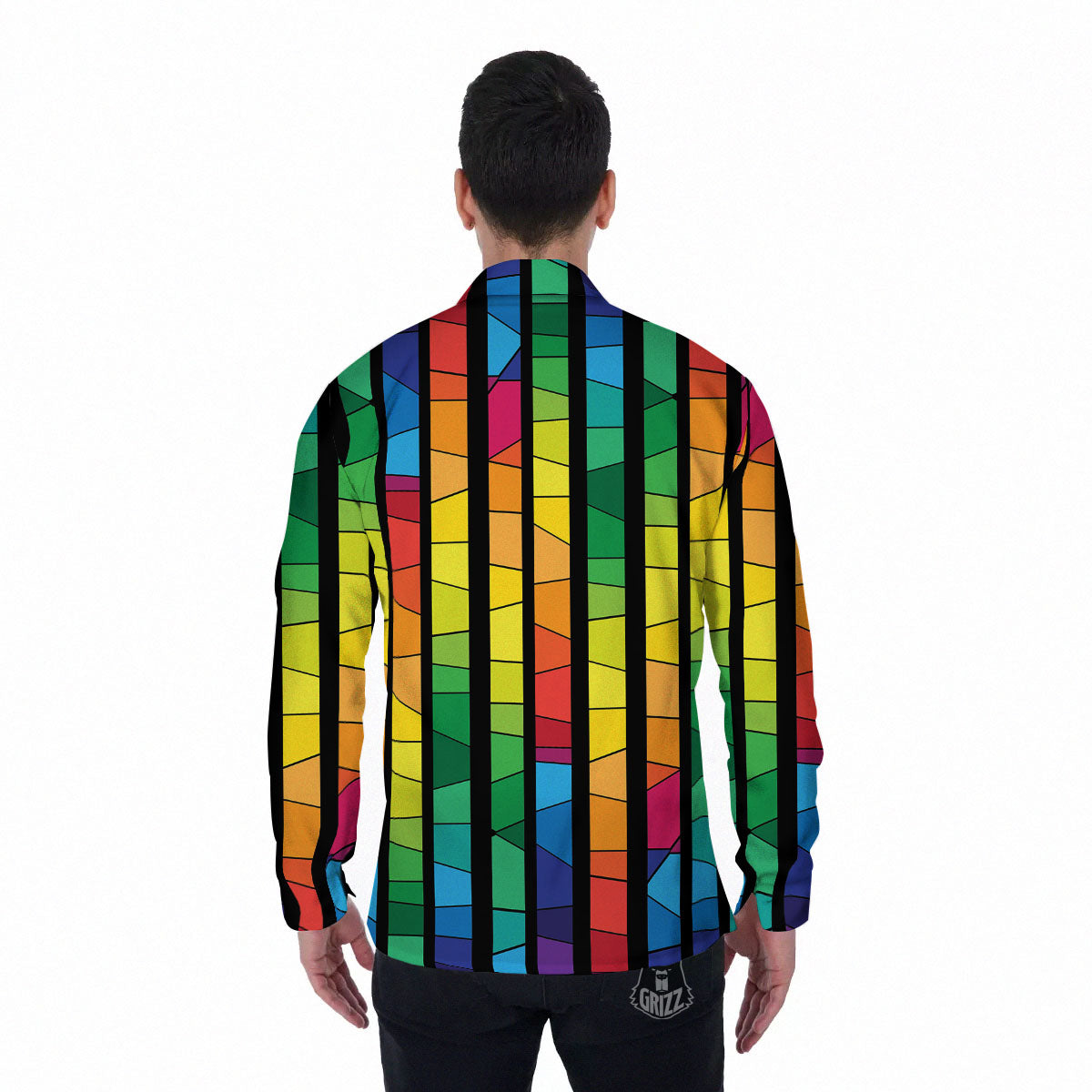 Square Stained Glass Mosaic Print Men's Long Sleeve Shirts-grizzshop