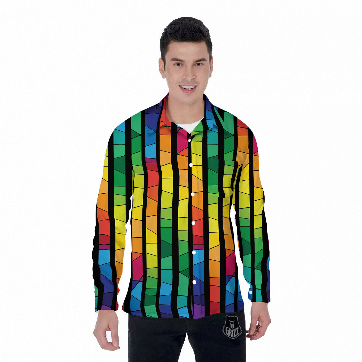 Square Stained Glass Mosaic Print Men's Long Sleeve Shirts-grizzshop