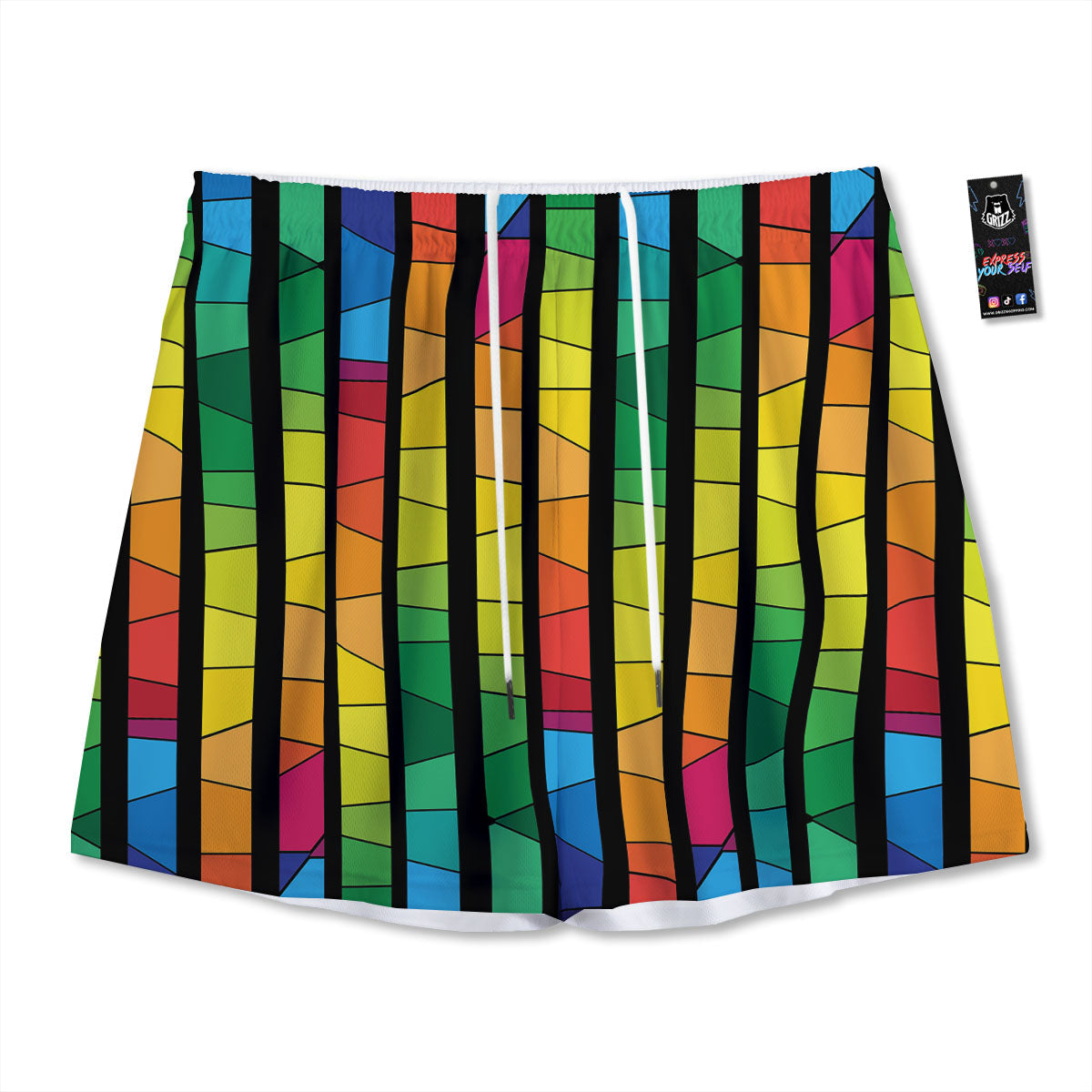 Square Stained Glass Mosaic Print Mesh Shorts