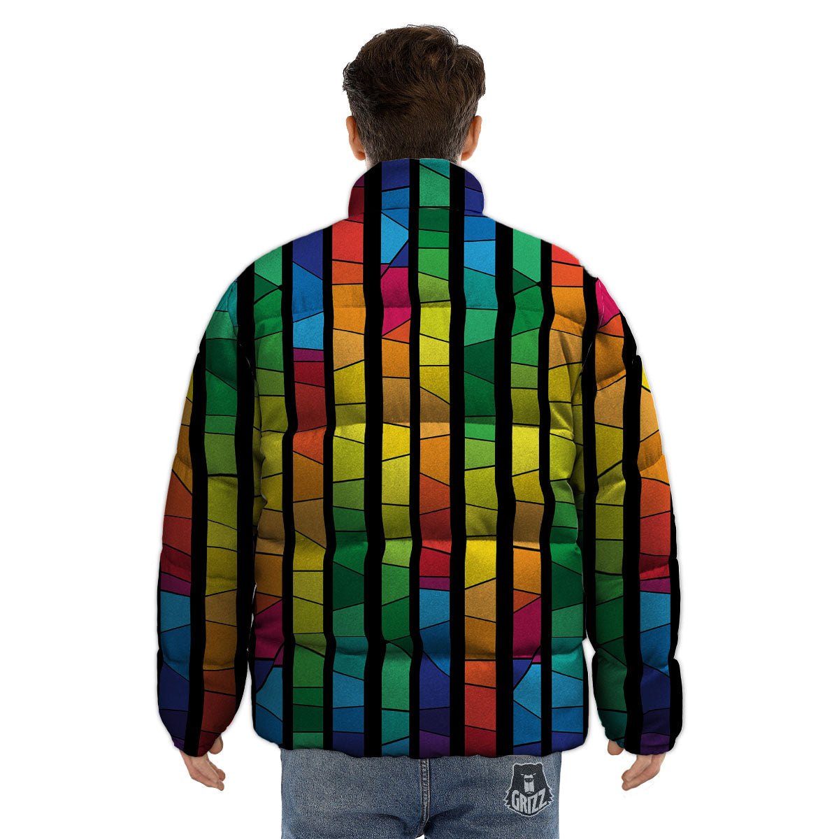 Square Stained Glass Mosaic Print Puffer Jacket-grizzshop