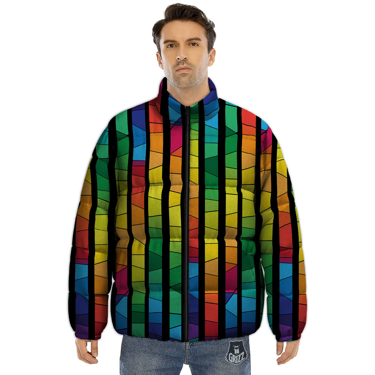 Square Stained Glass Mosaic Print Puffer Jacket-grizzshop