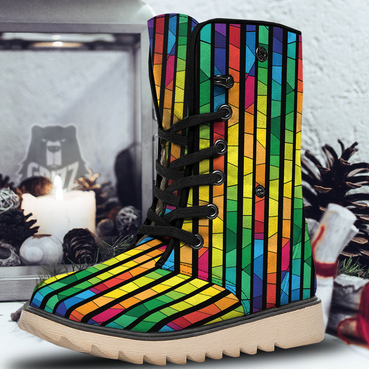Square Stained Glass Mosaic Print Snow Boots-grizzshop