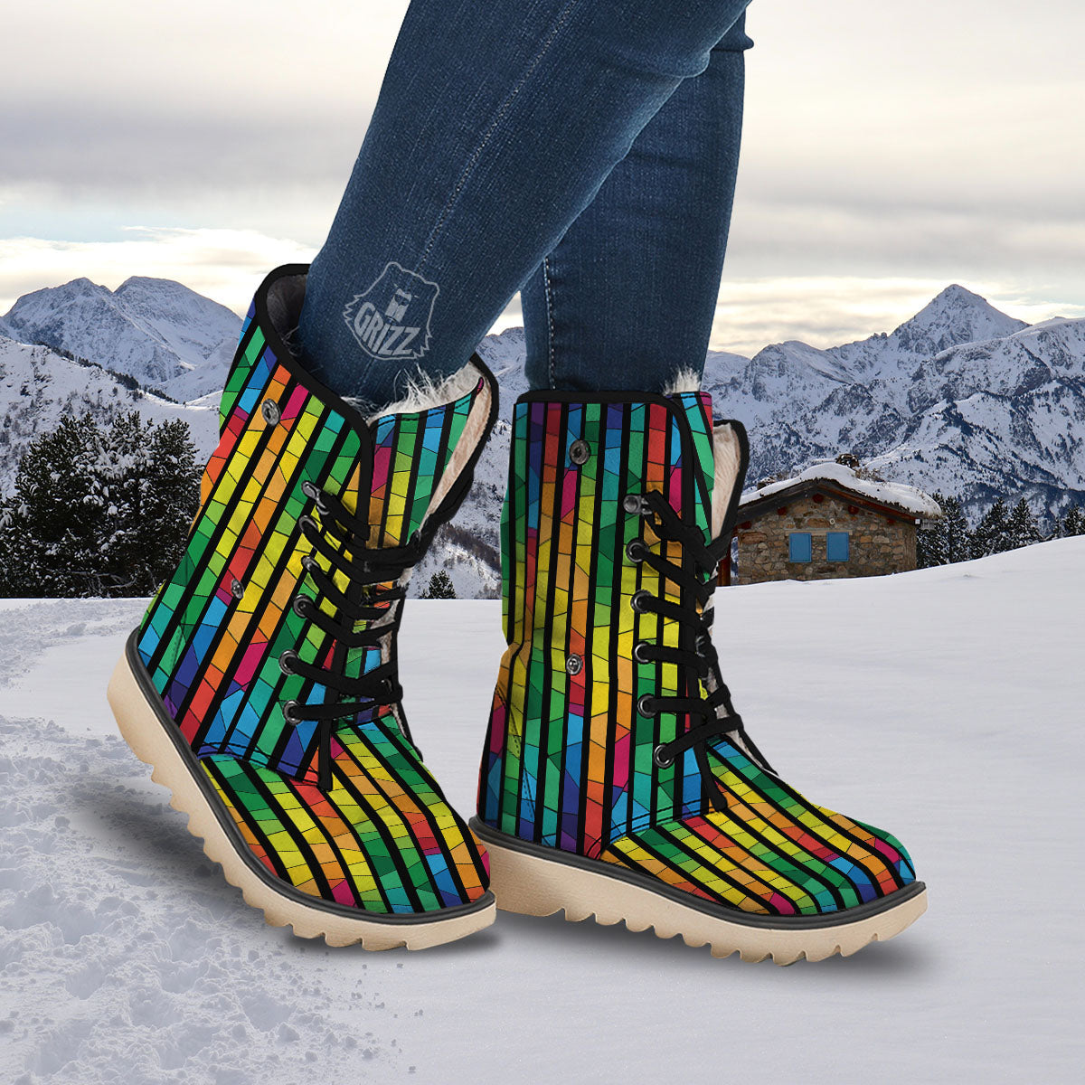 Square Stained Glass Mosaic Print Snow Boots-grizzshop