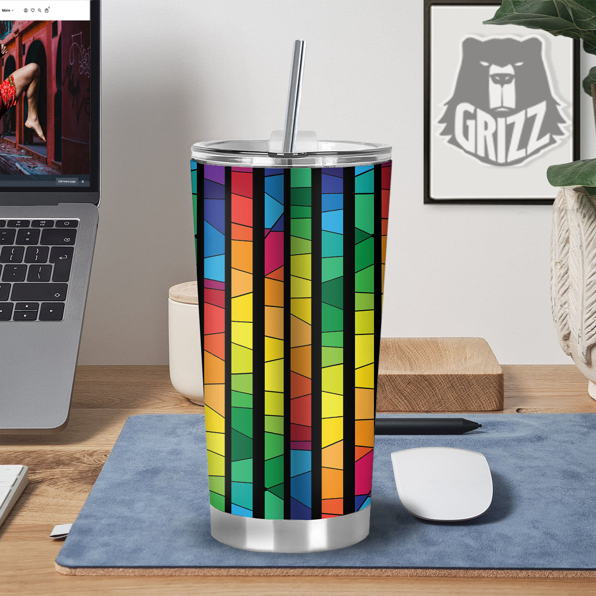 Square Stained Glass Mosaic Print Tumbler-grizzshop