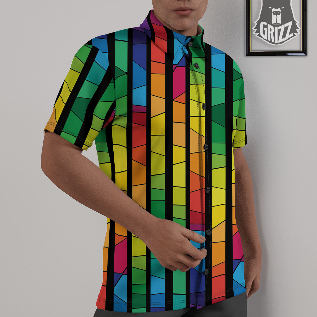 Square Stained Glass Mosaic Print Untucked Shirts-grizzshop