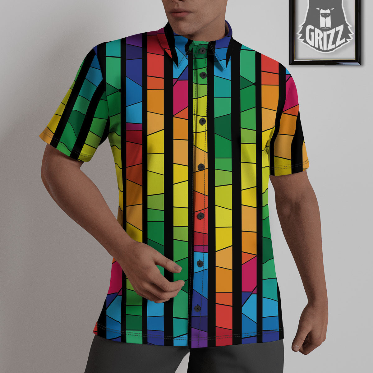 Square Stained Glass Mosaic Print Untucked Shirts-grizzshop