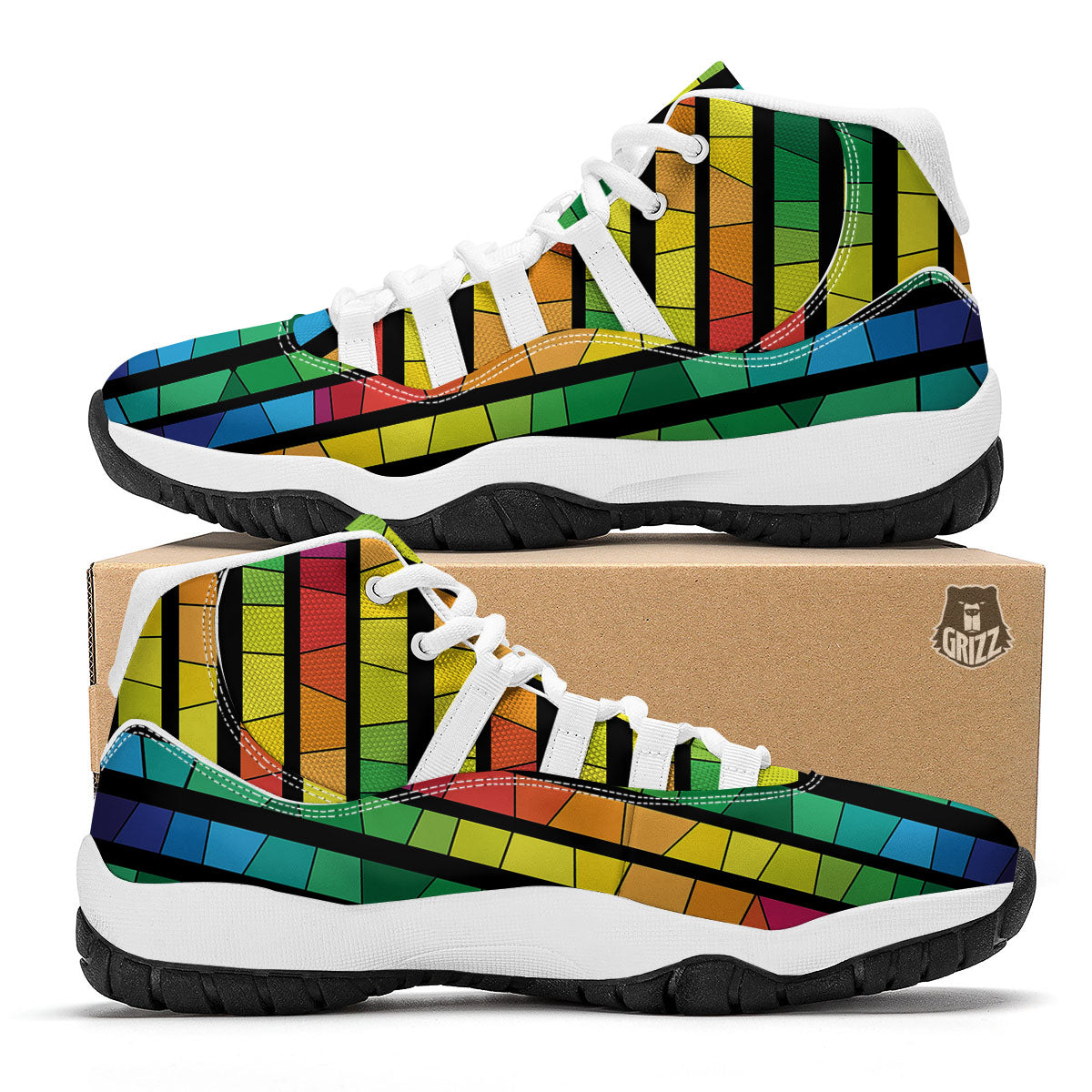 Square Stained Glass Mosaic Print White Bball Shoes-grizzshop