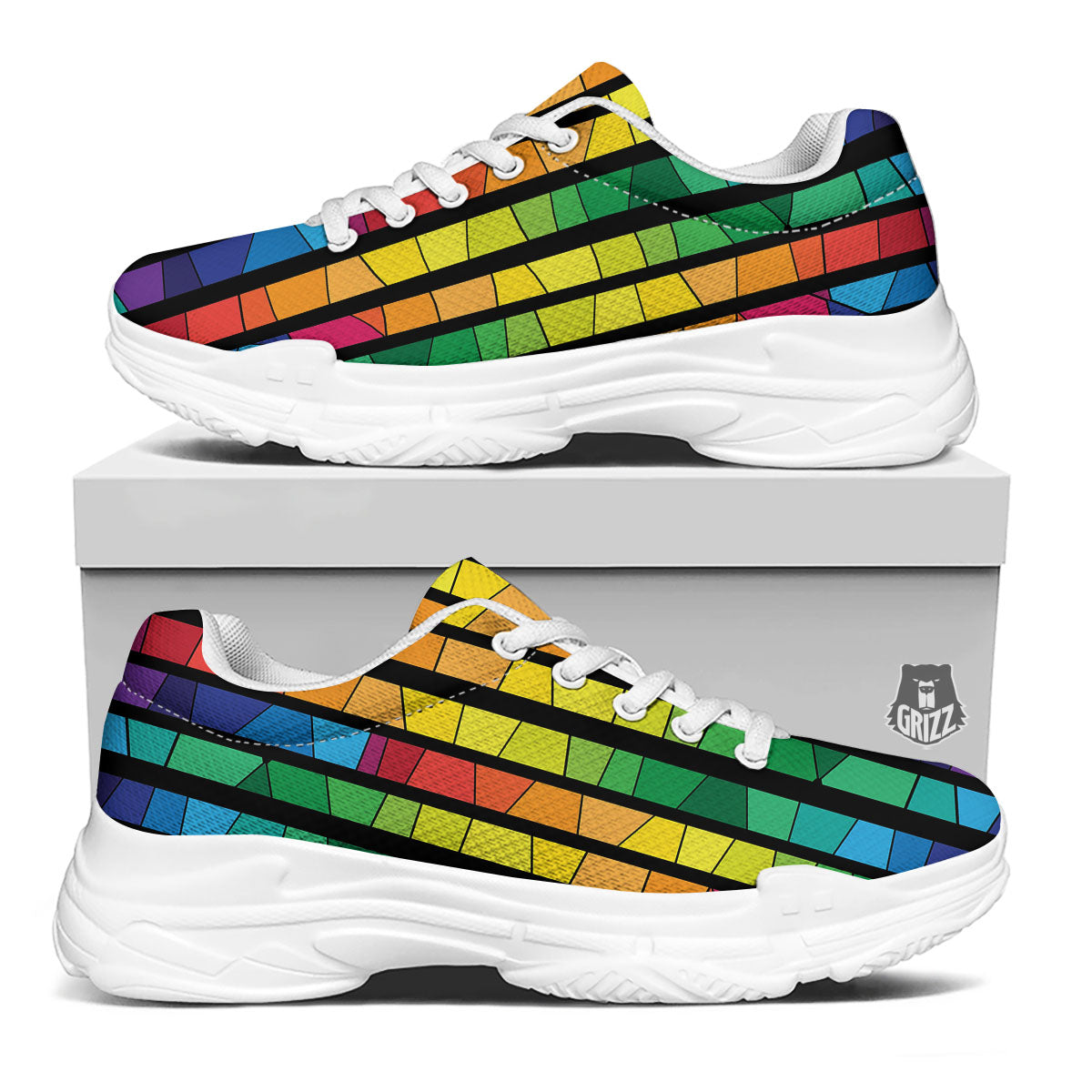 Square Stained Glass Mosaic Print White Chunky Shoes-grizzshop