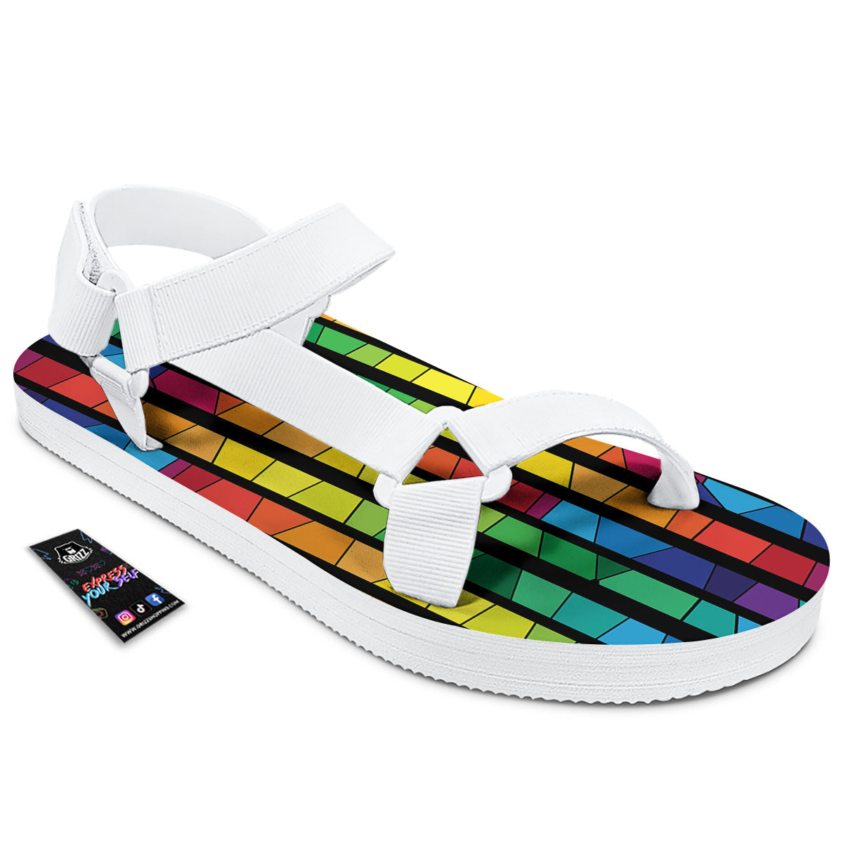 Square Stained Glass Mosaic Print White Open Toe Sandals-grizzshop