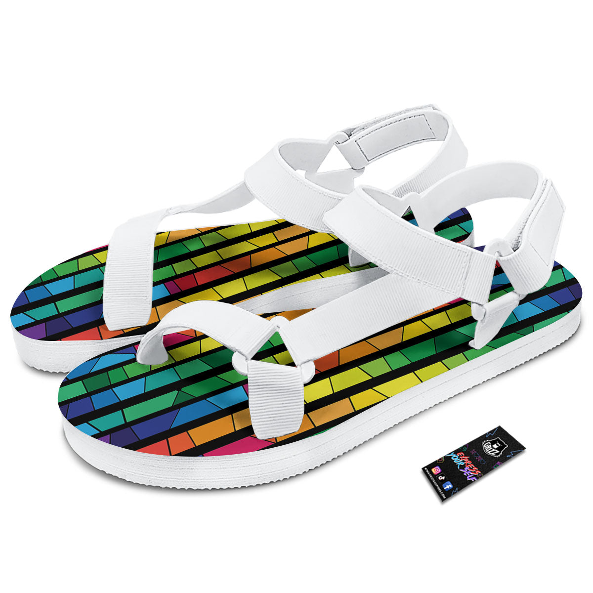 Square Stained Glass Mosaic Print White Open Toe Sandals-grizzshop