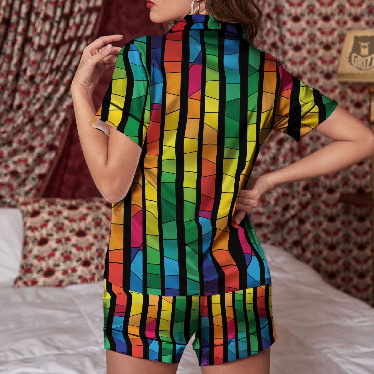 Square Stained Glass Mosaic Print Women Silk Pajamas-grizzshop