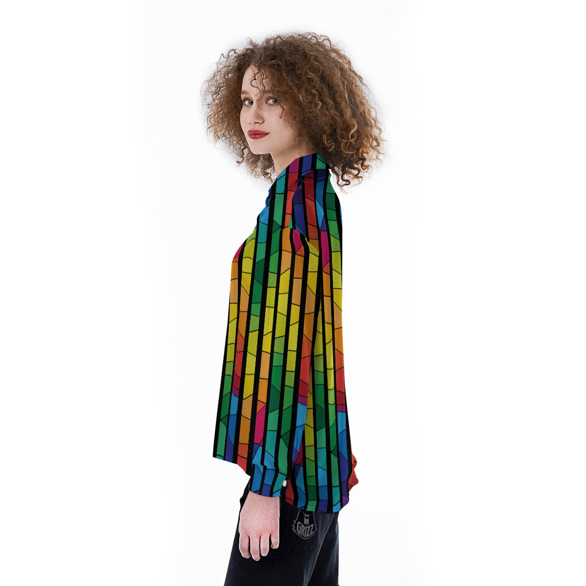 Square Stained Glass Mosaic Print Women's Long Sleeve Shirts-grizzshop
