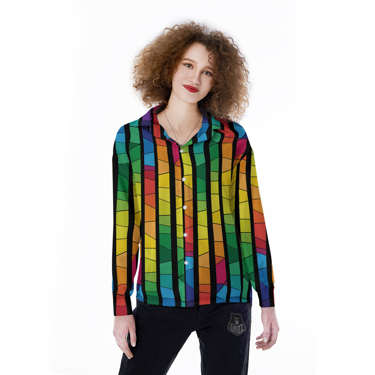 Square Stained Glass Mosaic Print Women's Long Sleeve Shirts-grizzshop