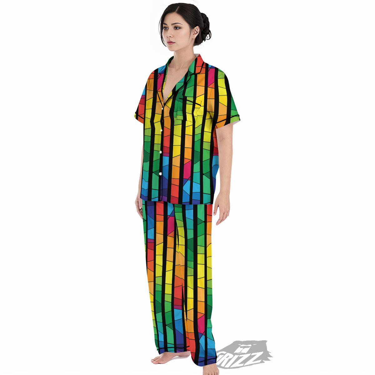 Square Stained Glass Mosaic Print Women's Pajamas Set-grizzshop