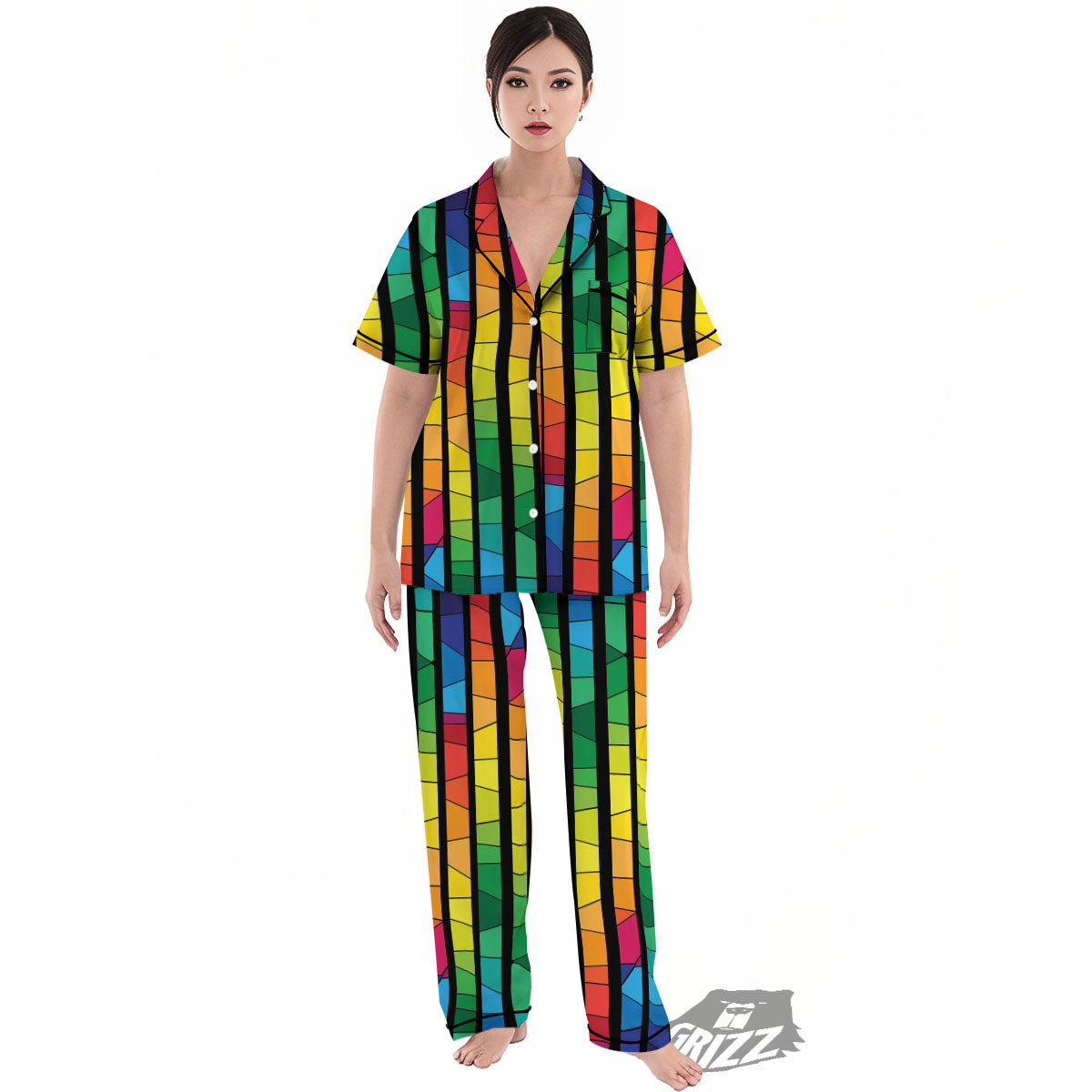 Square Stained Glass Mosaic Print Women's Pajamas Set-grizzshop