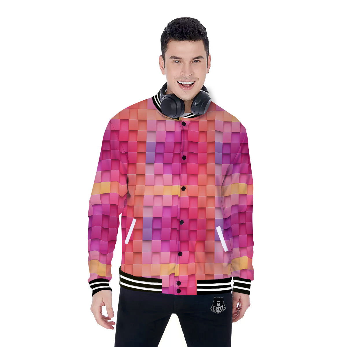 Square Tile 3D Colorful Print Pattern Baseball Jacket-grizzshop
