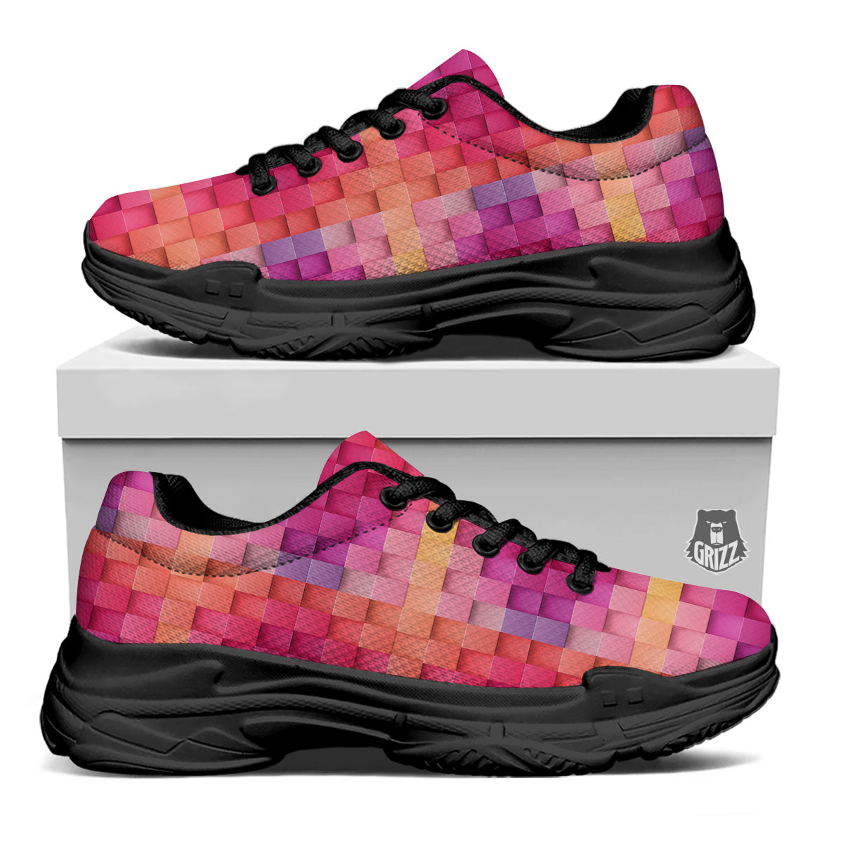 Square Tile 3D Colorful Print Pattern Black Chunky Shoes-grizzshop