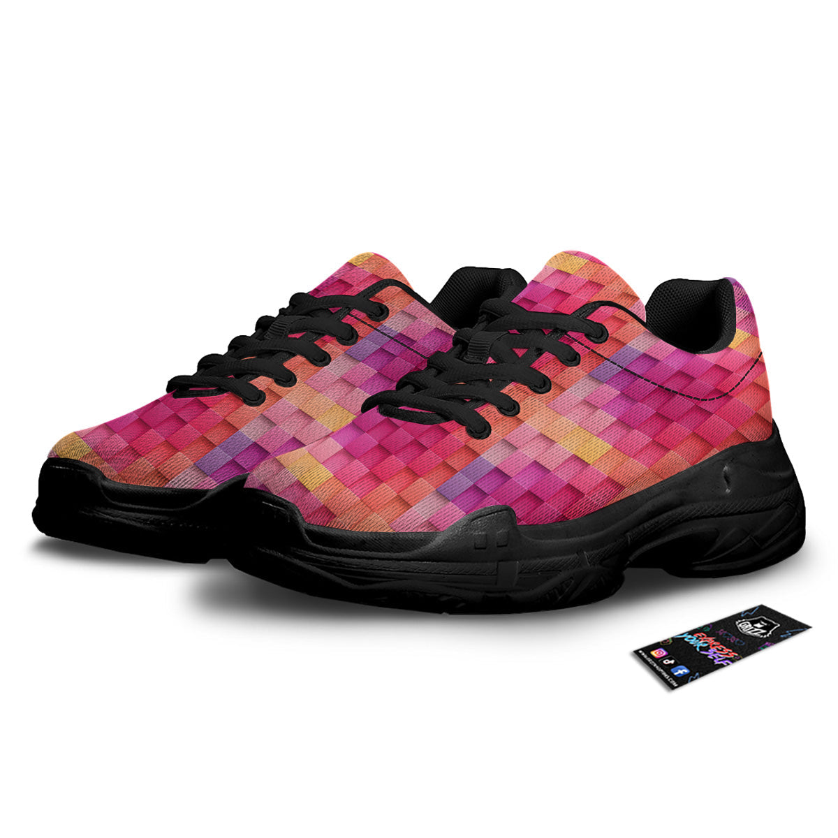 Square Tile 3D Colorful Print Pattern Black Chunky Shoes-grizzshop