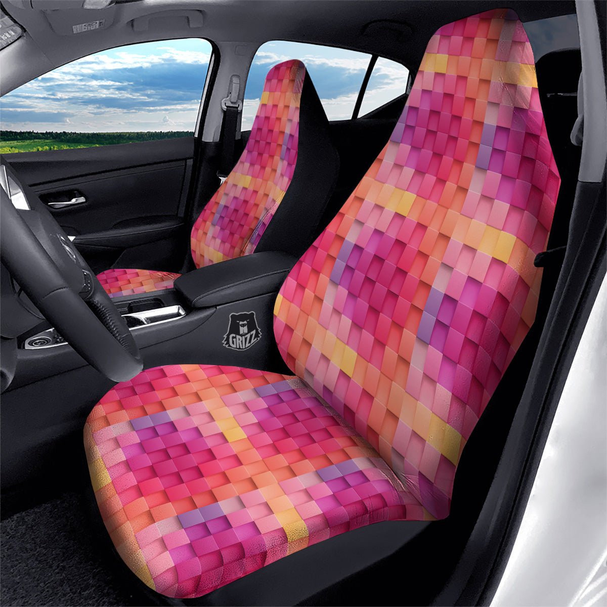 Square Tile 3D Colorful Print Pattern Car Seat Covers-grizzshop