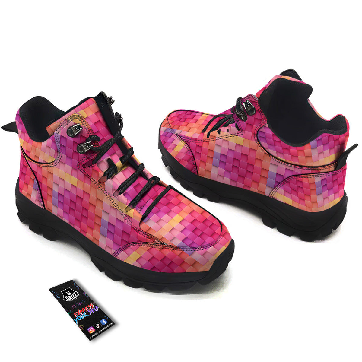 Square Tile 3D Colorful Print Pattern Hiking Shoes-grizzshop
